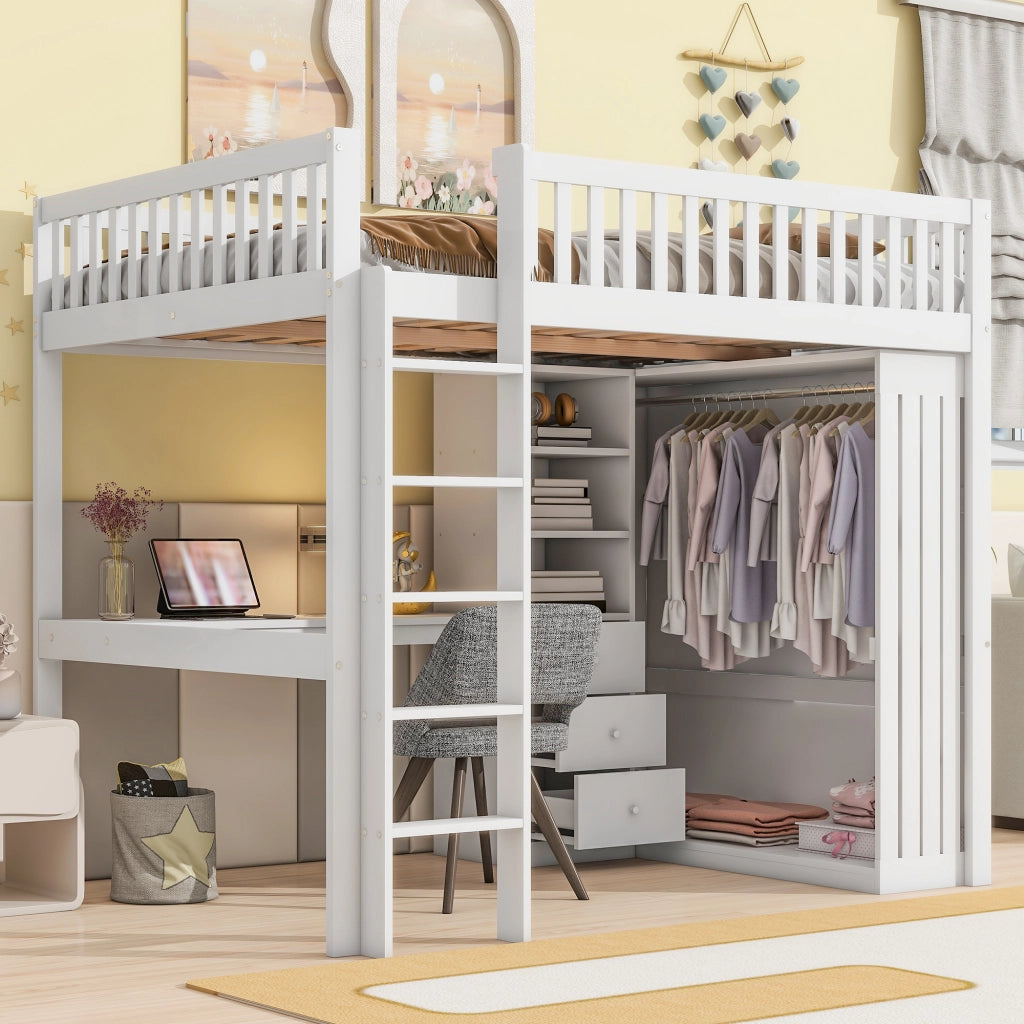 OKWISH Letto a soppalco 140×200 cm, Letto Matrimoniale con Scrivania, Armadio, 3 Cassetti, Vano a Vista e Scala, senza Materasso, Bianco