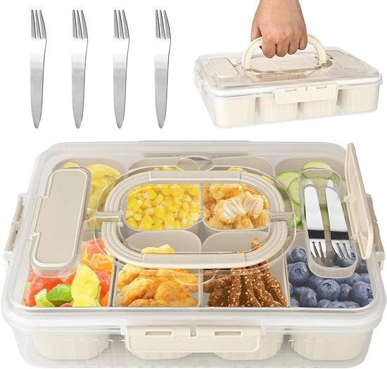 Snackbox portatile con contenitori e coperchio + 4 forchette, 4 piatti snack per picnic, snack, frutta, biscotti, dessert