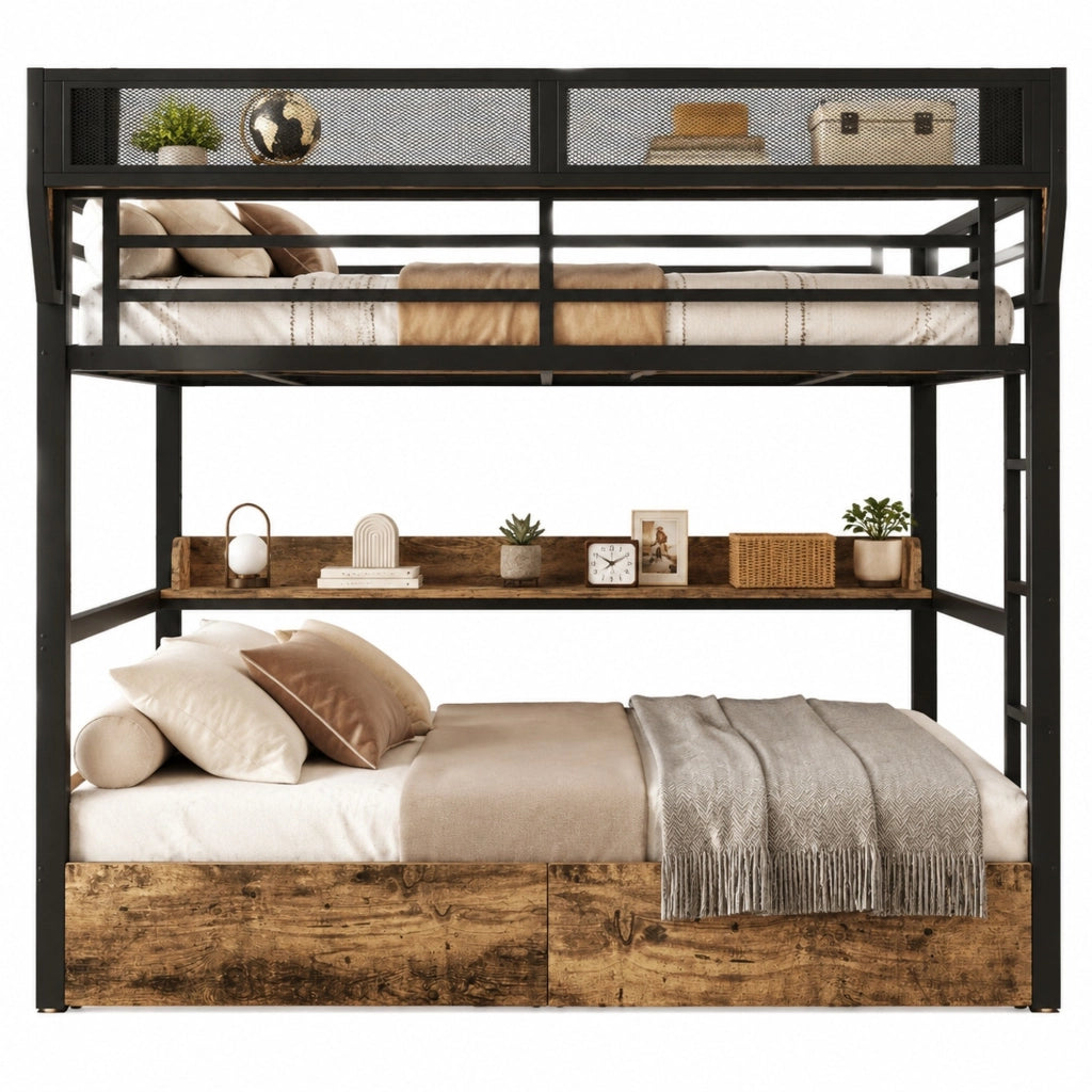 Letto a castello 140×200 cm con 2 cassetti; ripiano; cestello e LED; senza materasso; nero