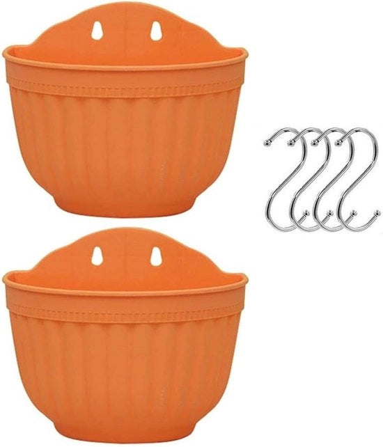 Set di 2 pezzi di contenitori per piante da appendere al muro esterno con scarico e 4 ganci (arancione+arancione)