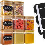 Set di 8 contenitori di conservazione in vetro con coperchi in legno - 500 ml - Quadrato e ripiegabile