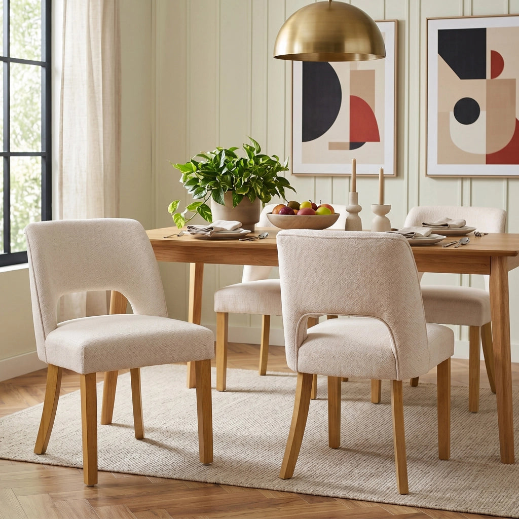 Sedie da Pranzo ¨C MINIMAL ¨C Tessuto Lino, Gambe in Legno Massello, Beige, Set 6 Pezzi