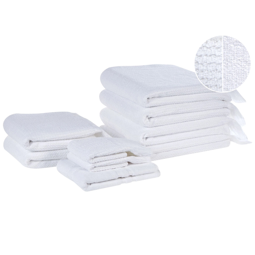 Set di 9 asciugamani bagno in spugna di cotone bianco con nappe decorative