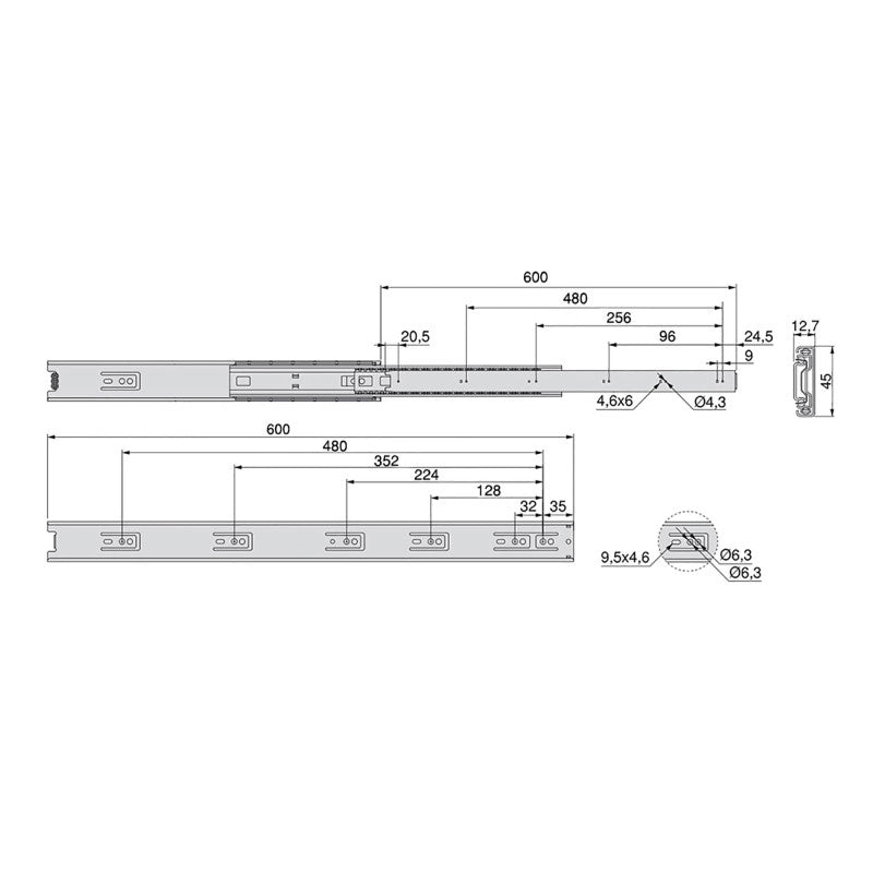 Set di guide a sfera per cassetti a estrazione totale, altezza 45 mm, L650 mm, Acciaio, Zincato bianco