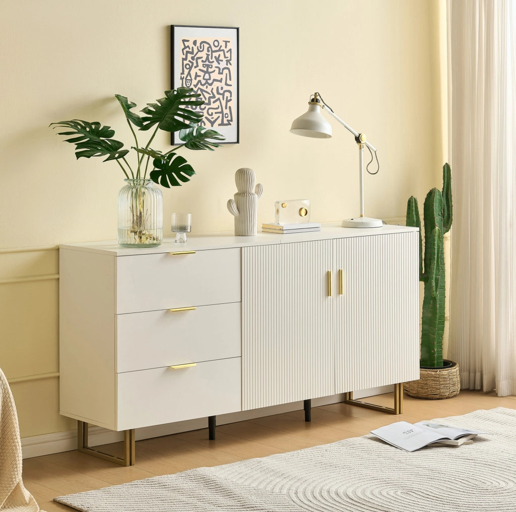 Sideboard moderno in MDF bianco con 2 porte, 3 cassetti e gambe in acciaio