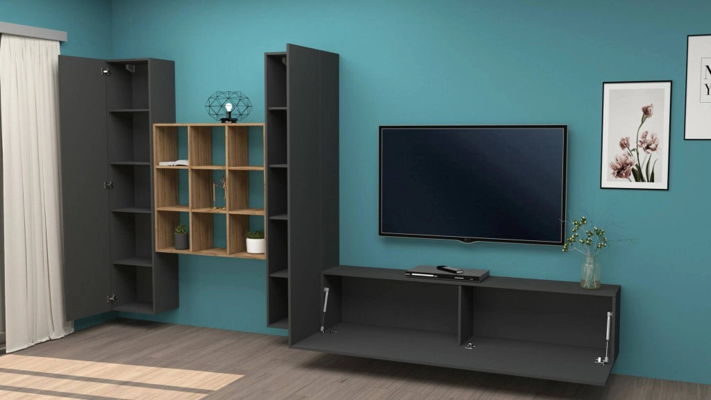 Parete attrezzata Genoveffa, Set salotto porta TV a 3 ante, Mobile soggiorno multiuso, 100% Made in Italy, cm 270x30h180, Antracite e Acero