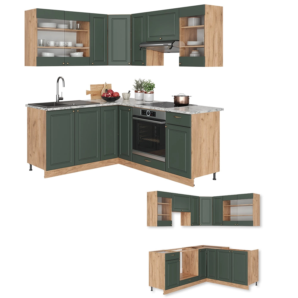 Vicco Cucina angolare completa Quercia verde-oro Country/oro Power 160 x 190 cm , PL Marmo
