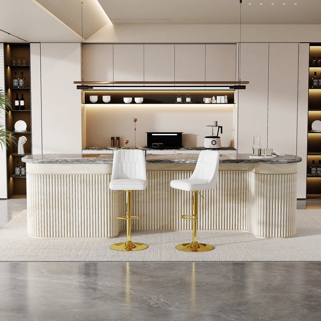 Sgabello da bar girevole a 360° regolabile in altezza con schienale in PU imbottito in metallo bianco e oro