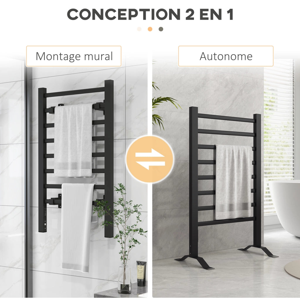 Scaldasalviette Elettrico a Parete o Terra ¨C Xylo ¨C 8 Barre, Timer, Alluminio, 53x35x90cm, Nero