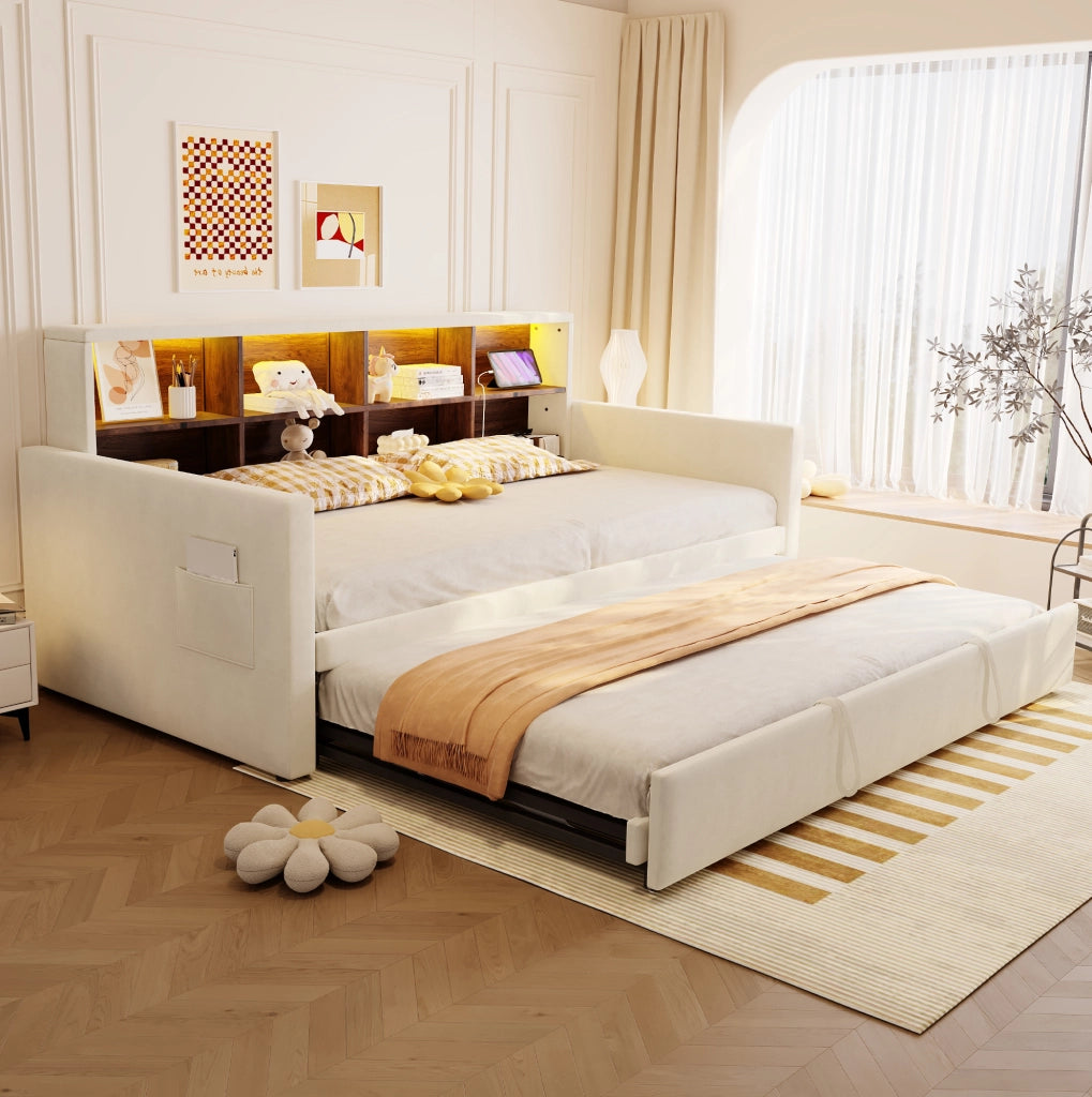 Divano letto imbottito 90x190 cm con letto estraibile; LED; prese USB/Type-C; velluto beige