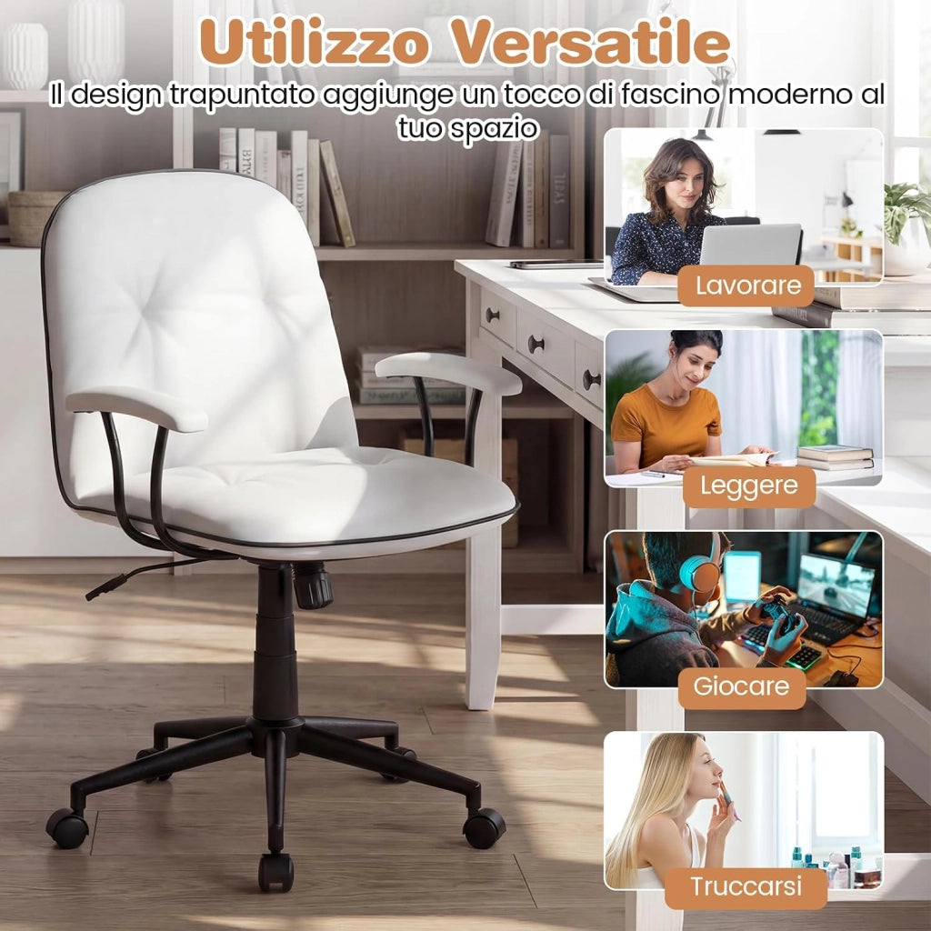 Sedia Ufficio Ergonomica con Altezza Regolabile, Poltrona Scrivania Girevole, Sedia con Braccioli Imbottiti e Ruote, Funzione Dondolo, per Ufficio Scrivania Studio (Bianco)