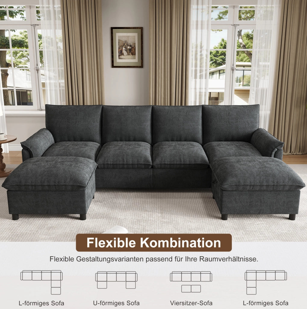 Divano angolare modulare ULEVR 264,5x142,5 cm in ciniglia nera con 2 pouf mobili e vano contenitore
