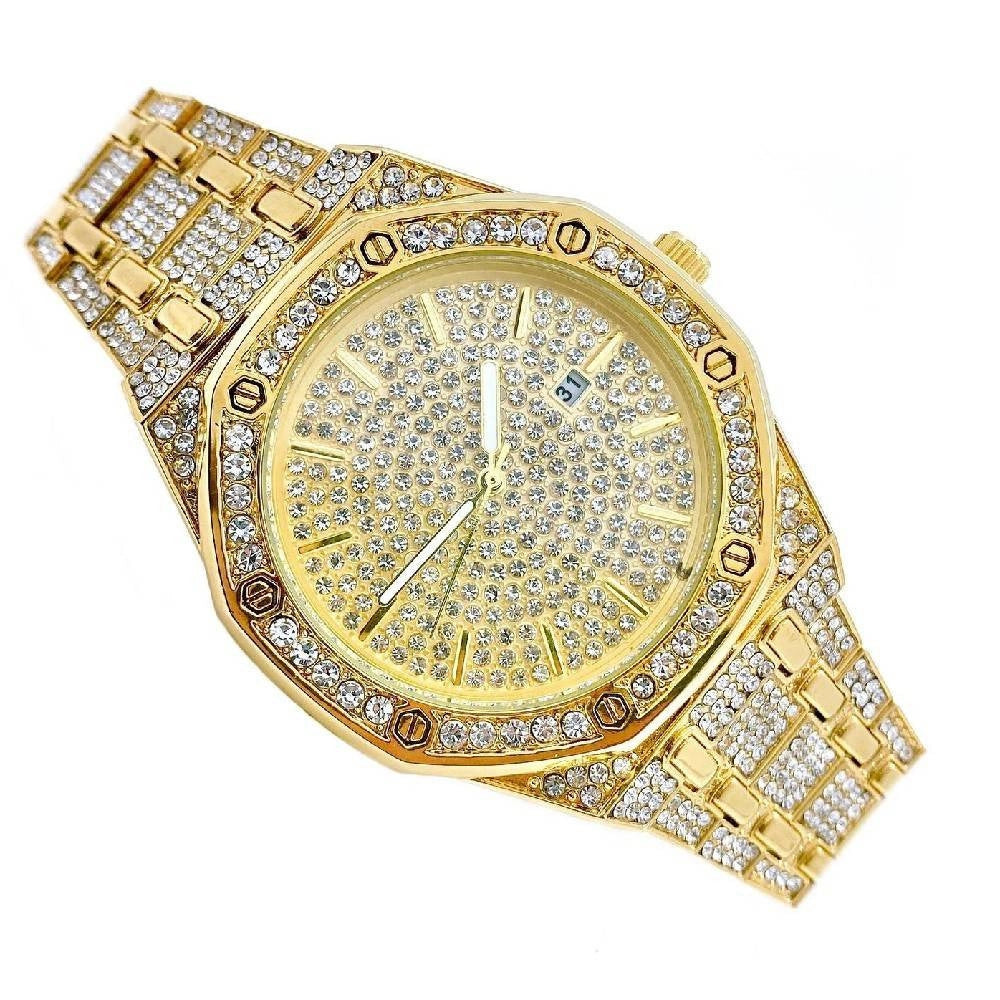 Trade Shop - Orologio Polso Acciaio Strass Brillantini Analogico Calendario Elegante Dorato -