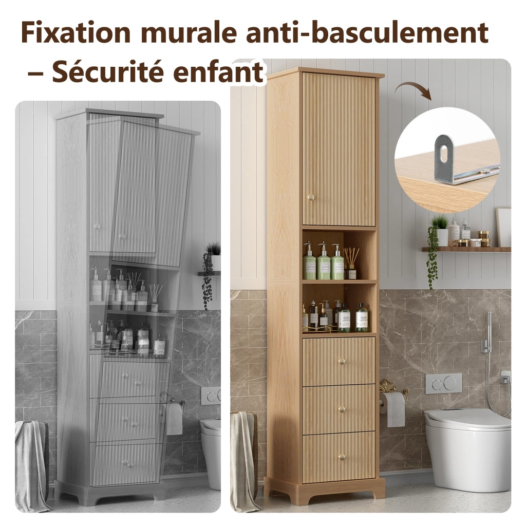 Armadietto da bagno con 3 cassetti, anta e 2 vani aperti, ripiano regolabile, in MDF naturale, 40 × 30 × 172 cm