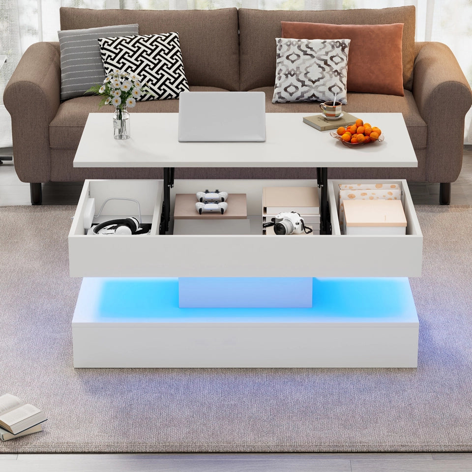 Tavolino da caffè alzabile con vano nascosto e LED - per soggiorno - 100×50×42 cm - bianco