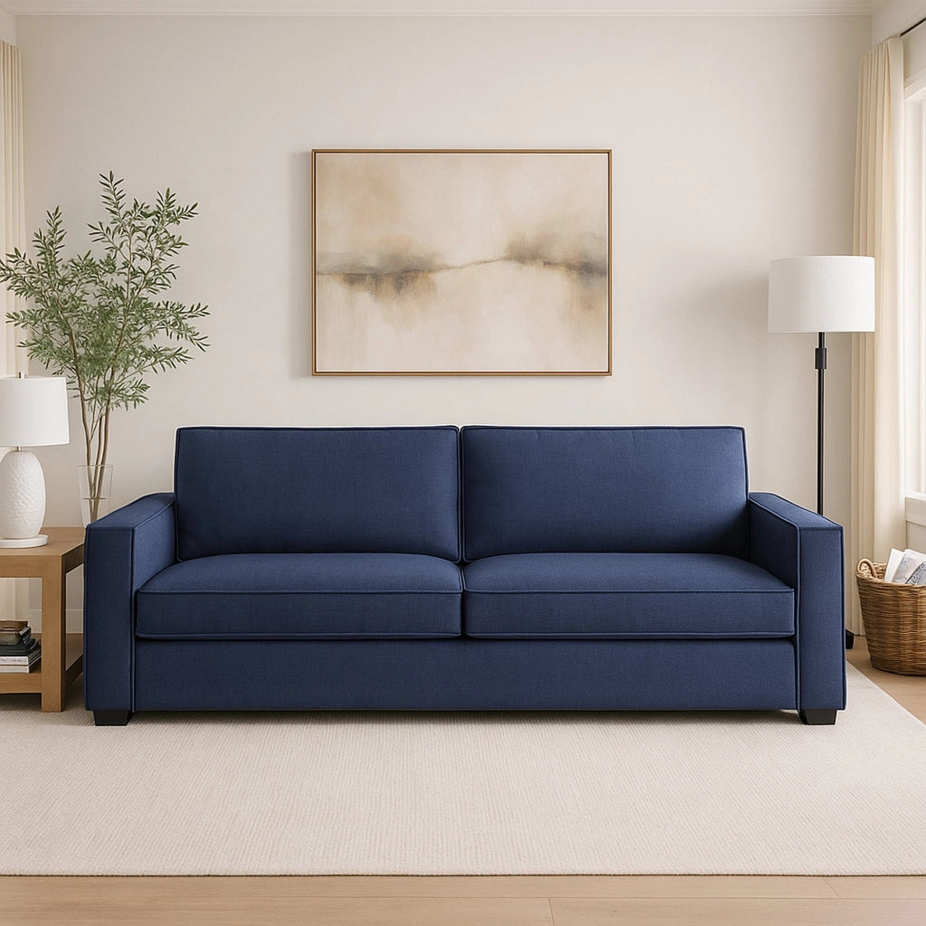 Divano fisso Eletta, Divano a 2 posti Large, Made in Italy, SofÒ  Soggiorno in tessuto, con Braccioli standard, cm 200x95h90, Blu