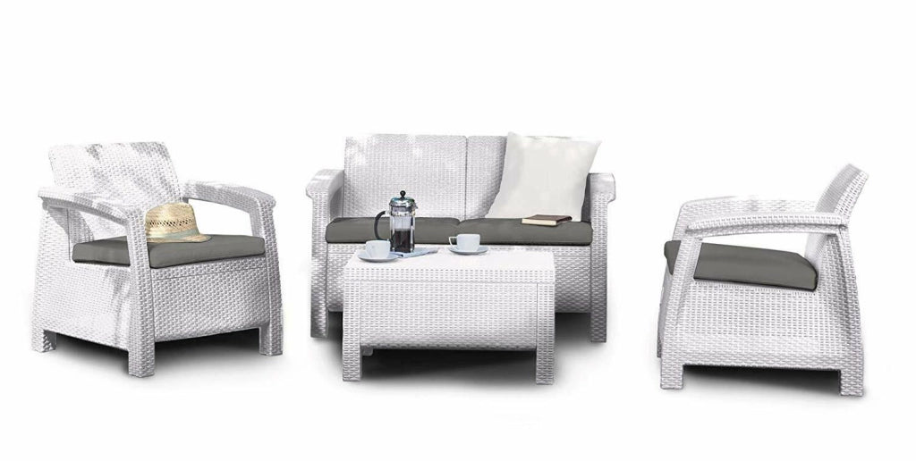 Set da Giardino Rattan Salottino Divano Tavolino 2 Poltrone Esterno Corfu Keter Colore: Bianco