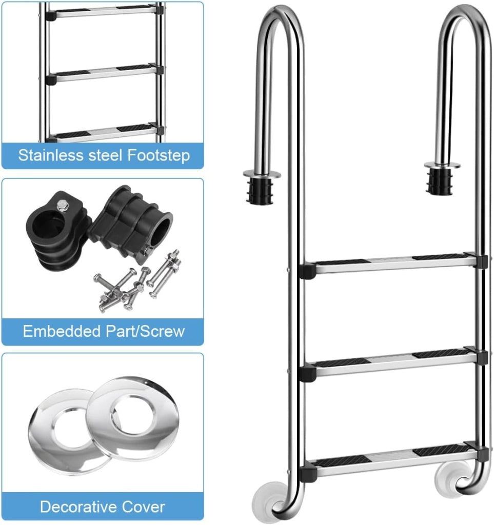 Scaletta Telescopica in Acciaio Inossidabile, Scaletta Piscina Fuori Terra a 3 Scalini Antiscivolo, Portata 150 KG, Scala per Piscina, Barca, Ponti, Pontile Galleggiante, 55 X 25 X 132,5 CM