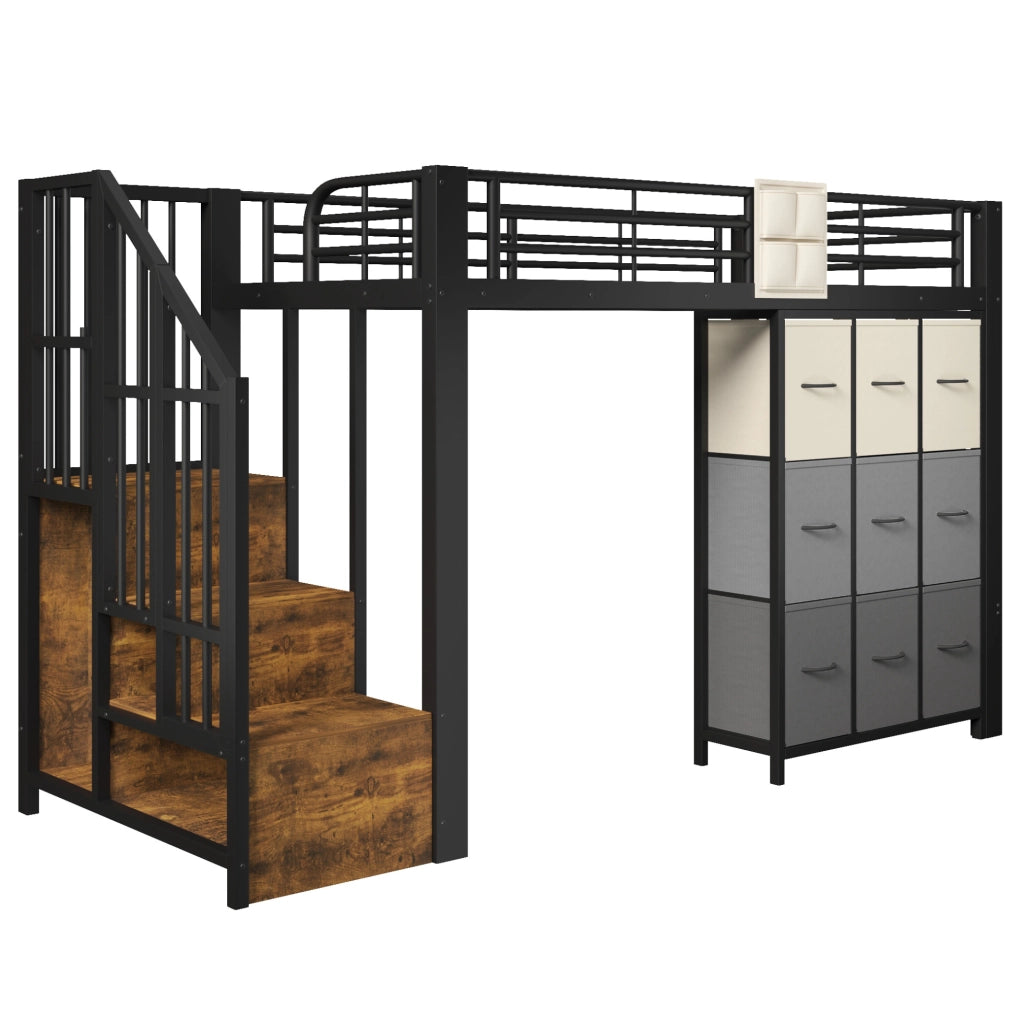 Letto a soppalco 90x200 cm in metallo e MDF nero con cassetti; cabina armadio e scala contenitore