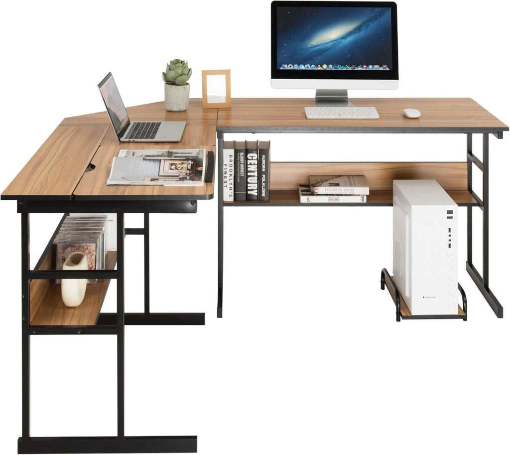 Scrivania ad angolo a forma di L 170 cm, Scrivania per computer con 2 ripiani, vassoio inclinabile, supporto per unità centrale, tavolo da computer, poco ingombrante, stile industriale (noce)