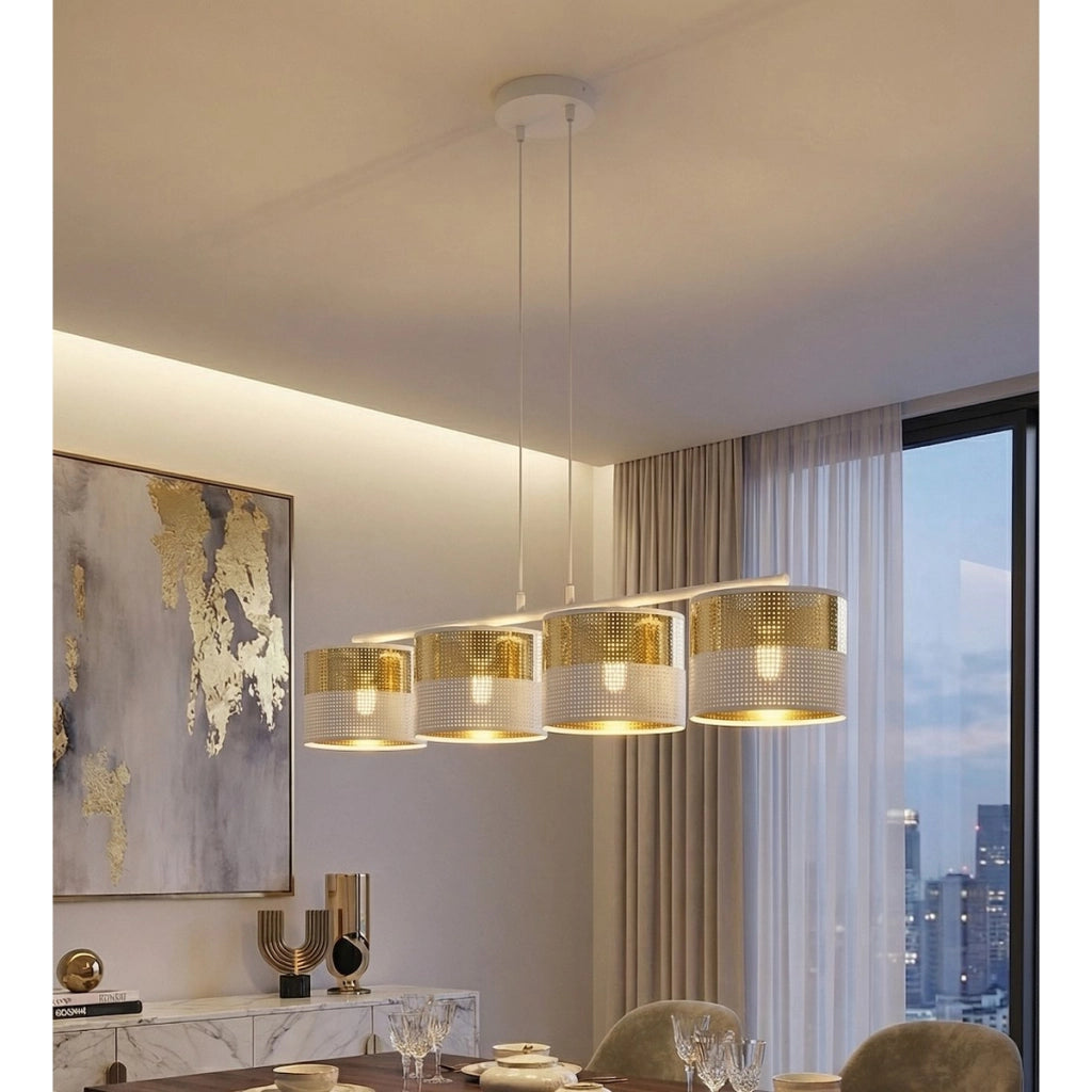Lampada a sospensione Lux in acciaio bianco e oro