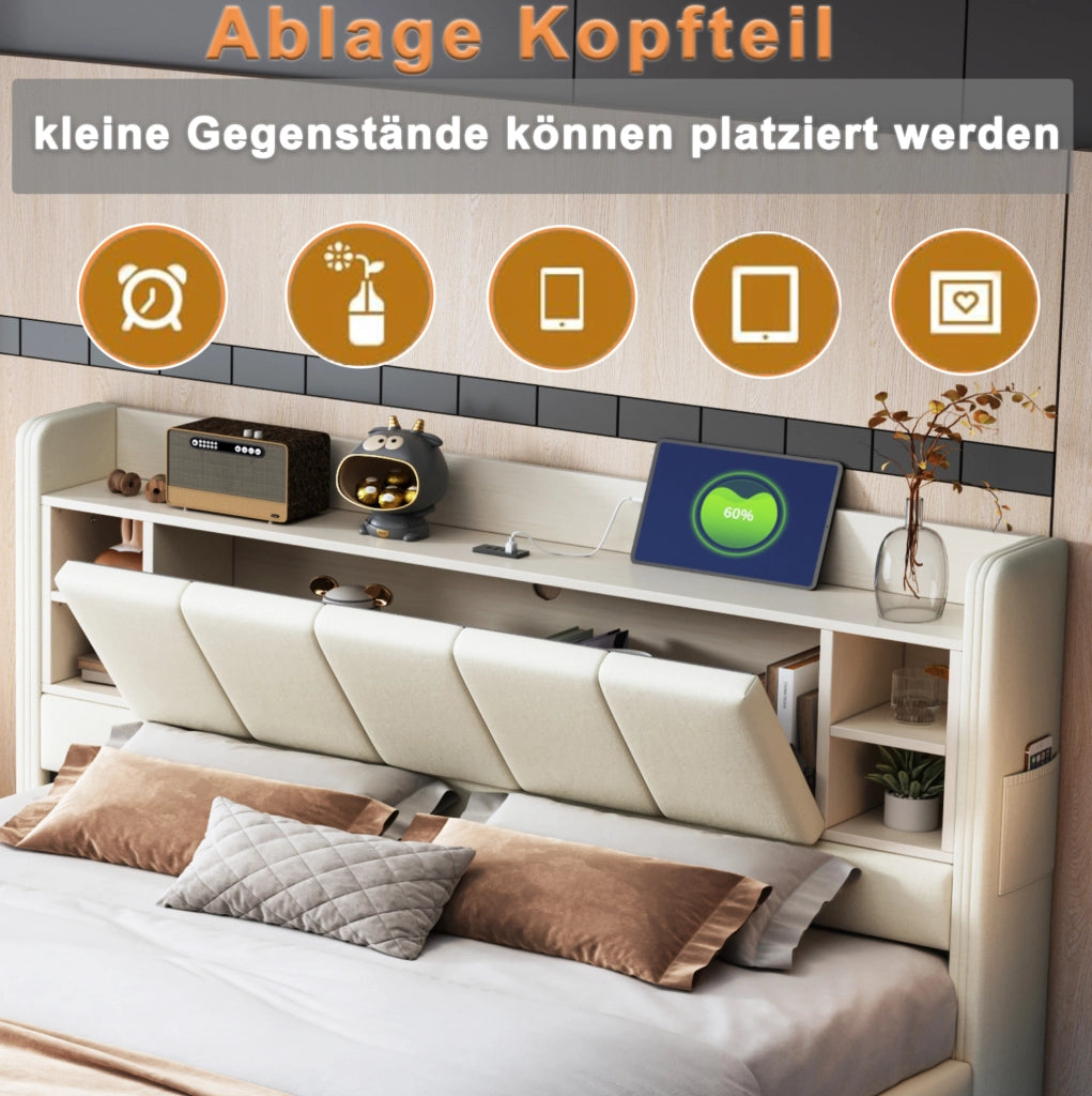 Letto matrimoniale imbottito 140x200 cm beige con LED; porta USB e contenitore nel testiera