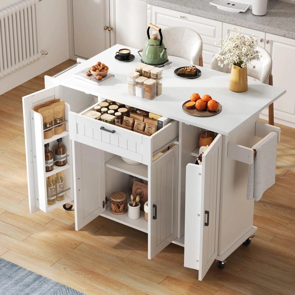 Isola Cucina Pieghevole con Ruote ¨C MINIMAL ¨C Bianco, 4 Ante, 1 Cassetto, 120x45x95