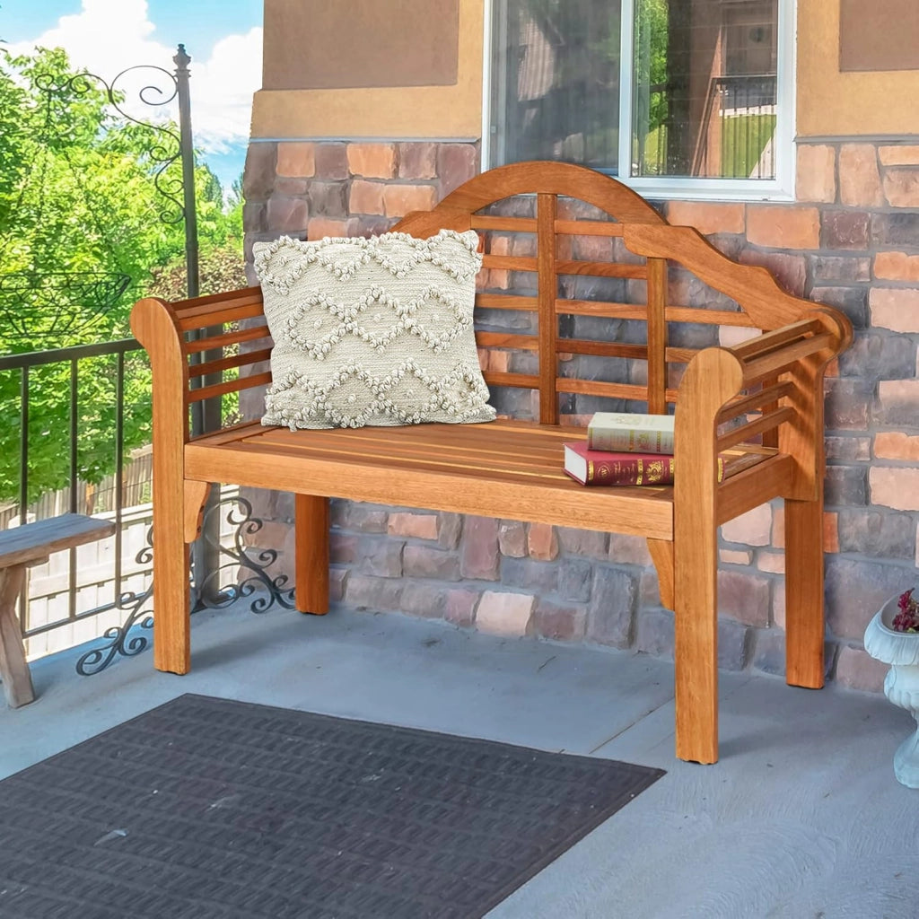 Panca da giardino pieghevole in legno per 2 persone, panca da giardino dal design elegante con schienale inclinato e braccioli ergonomici, panca da esterno di carico 320 kg per giardino