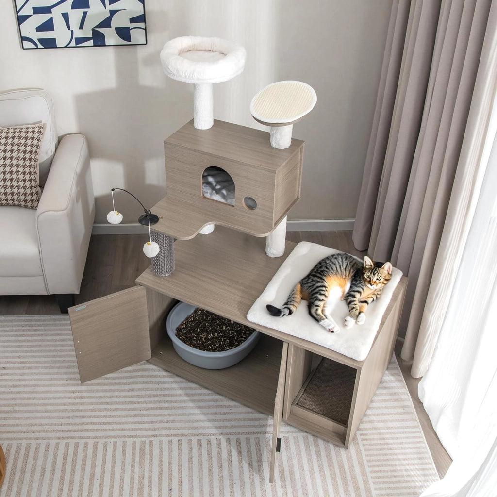 Albero per Gatti con Mobile per Lettiera, Torre per Gatti Moderna 2-in-1 con Cuccia, Piattaforma Superiore, Tiragraffi, Piattaforme Multiple e Palline