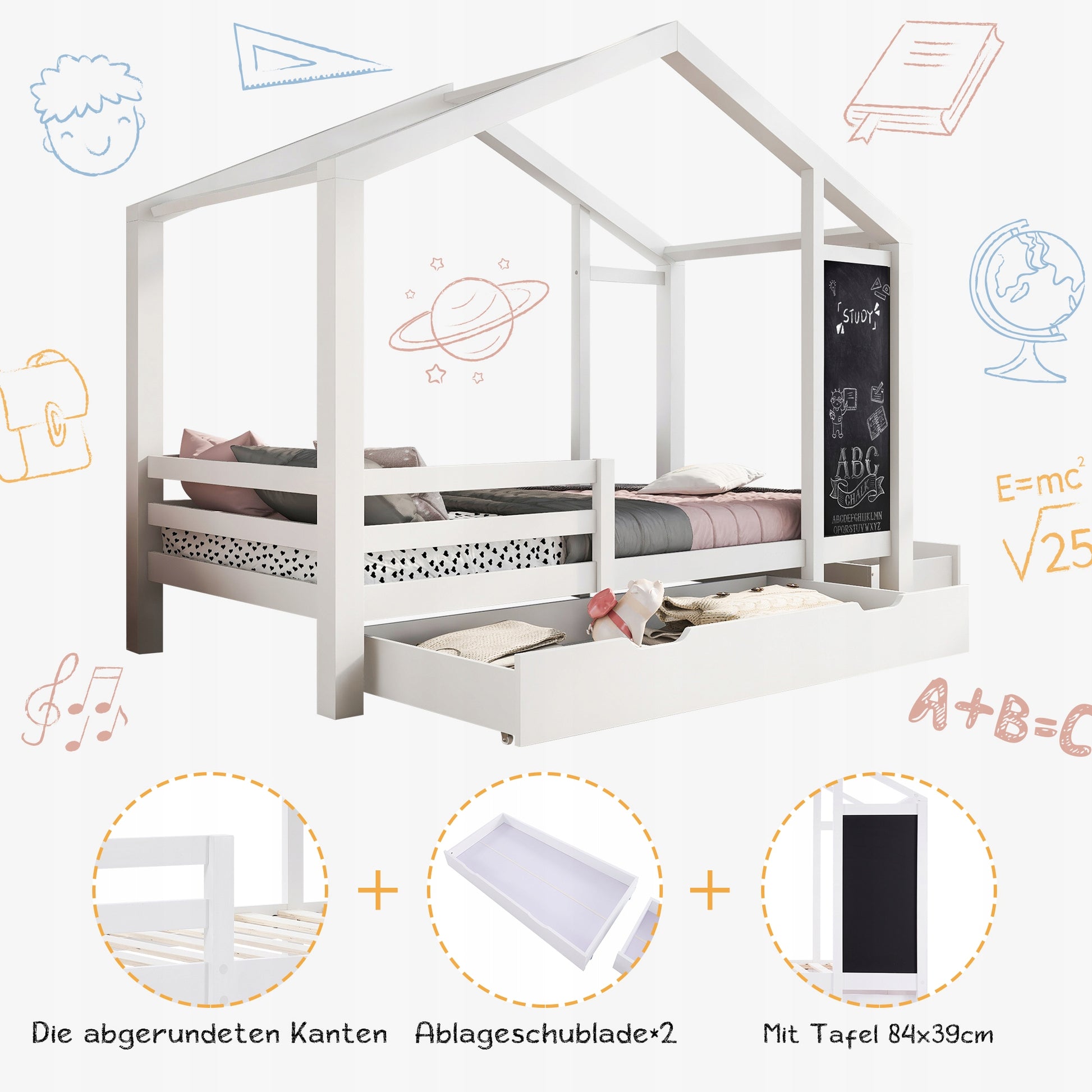 Letto singolo per bambini 90x200 - Xylo - Con lavagna e 2 cassetti, bianco senza materasso