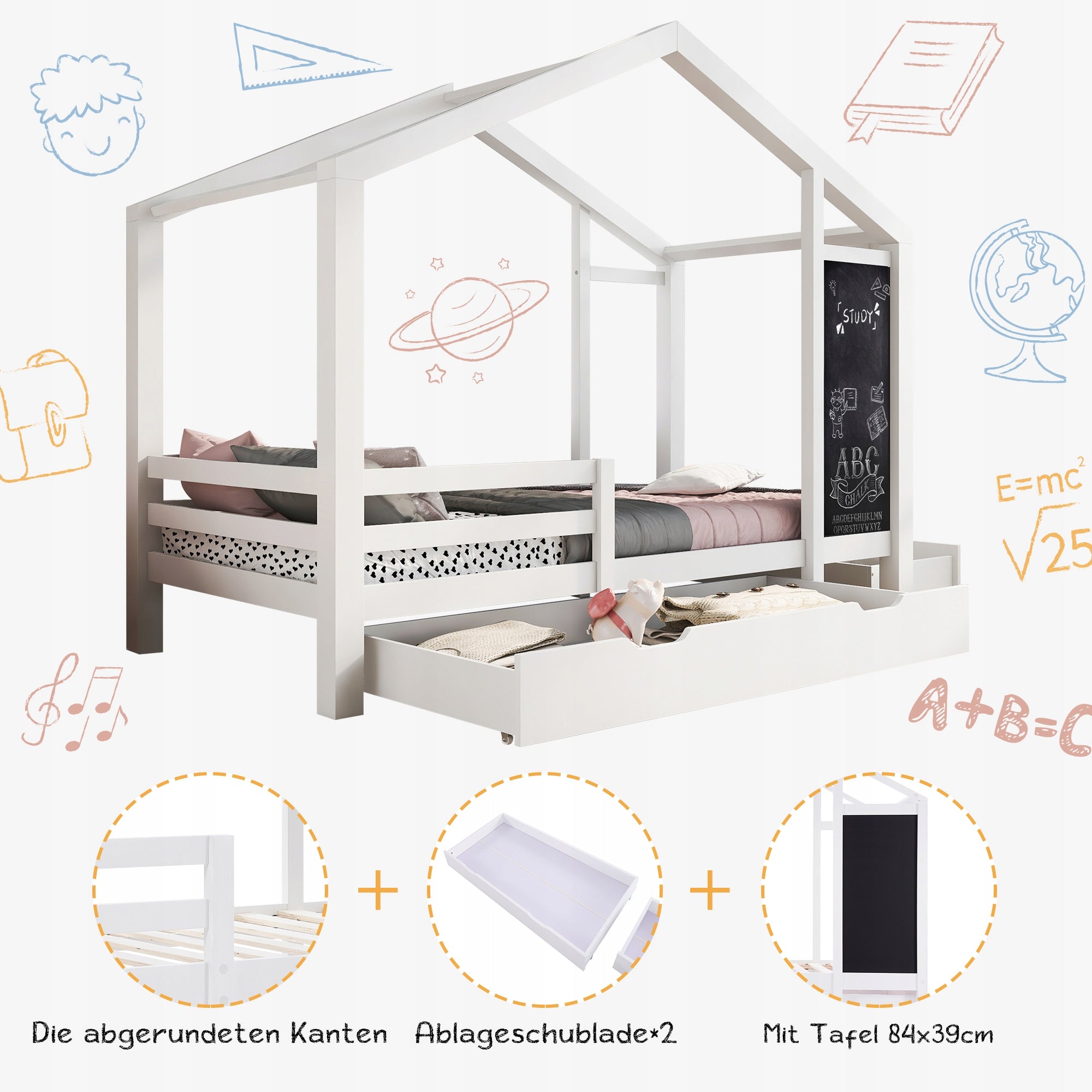 Letto singolo per bambini 90x200 - Xylo - Con lavagna e 2 cassetti, bianco senza materasso