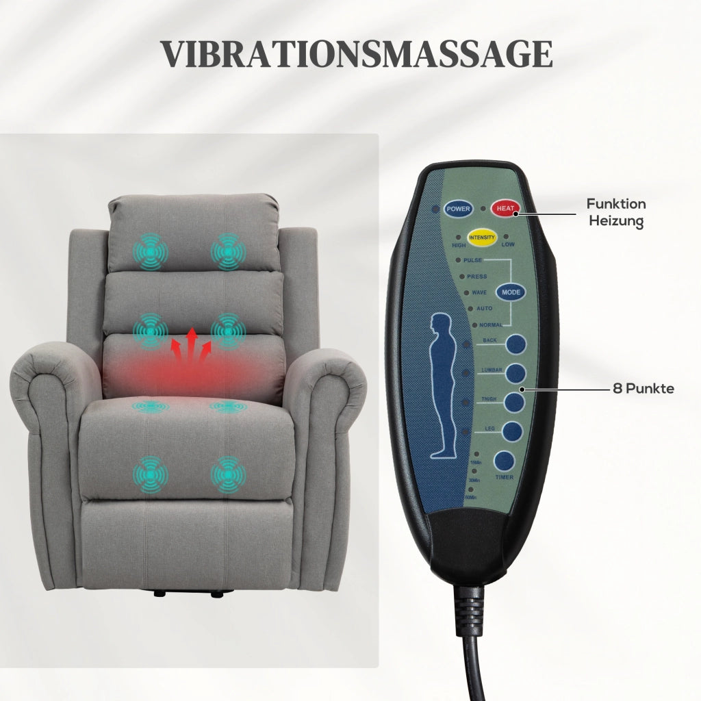 Poltrona relax elettrica con alzata assistita, massaggio 8 punti e riscaldamento, in tessuto, Grigio chiaro