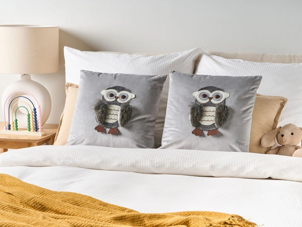 Set di 2 cuscini sparsi in tessuto di velluto grigio 45 x 45 cm Motivo gufo sfoderabile Soggiorno Camera da letto