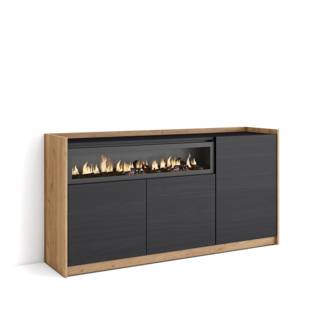 Credenza, Mobile, Cucina, 156x80x37 cm, 3 Porte, Camino elettrico, Nero e rovere