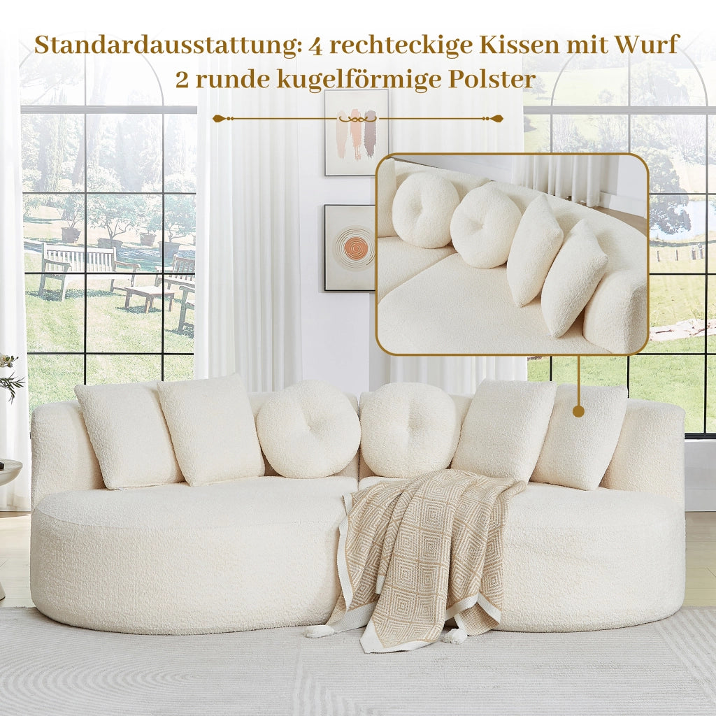 Divano modulare curvo in ciniglia beige con schienale continuo e set di 6 cuscini per soggiorno e sala giochi