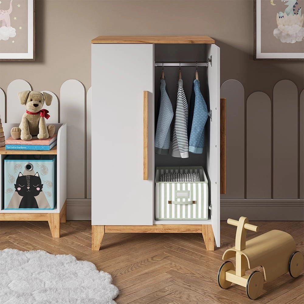 Armadio per bambini Malia, Bianco/Artisan, 70 x 120 cm, per la conservazione di abbigliamento per bambini e combinabile