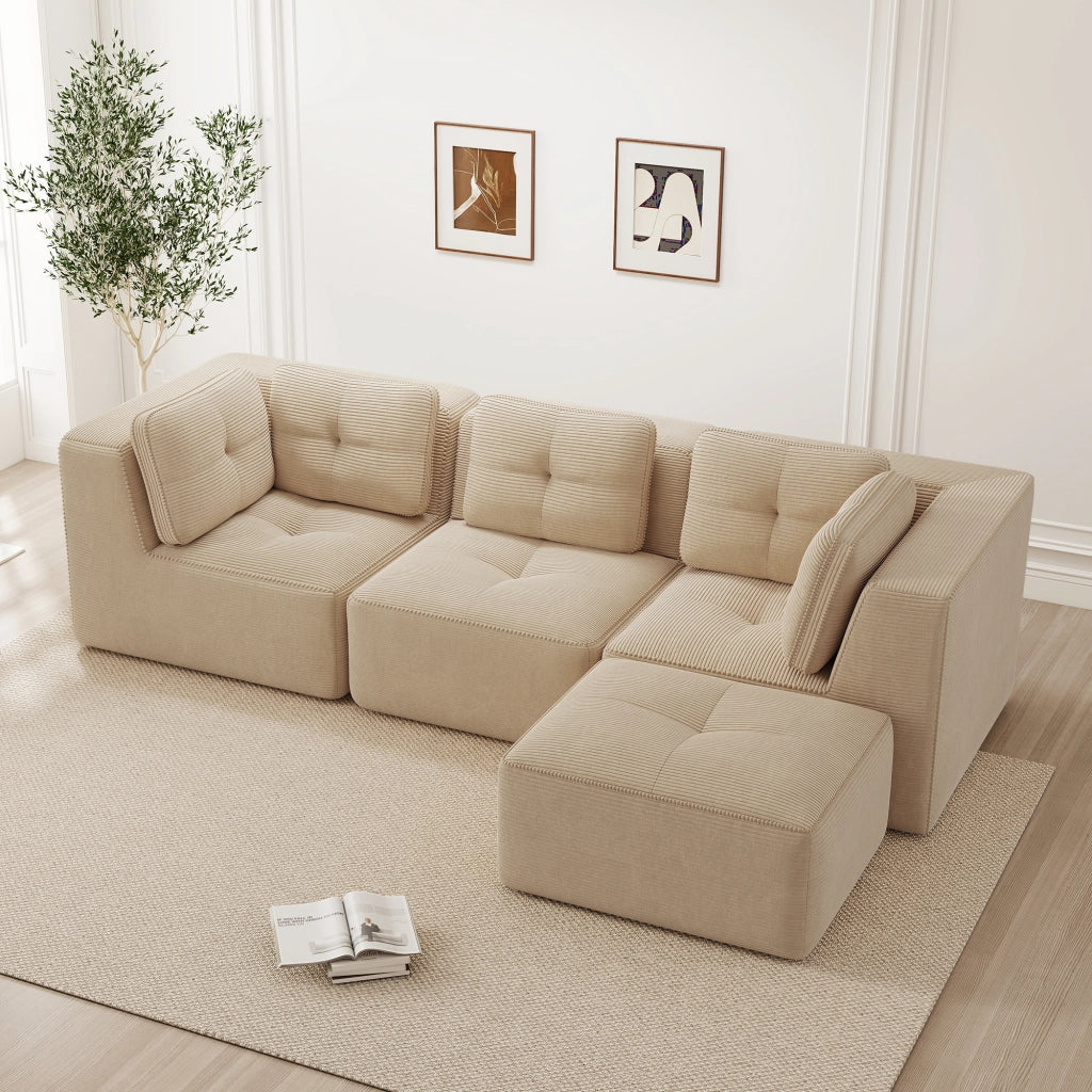 Divano angolare modulare componibile senza montaggio con seduta profonda e braccioli larghi in velluto a coste beige