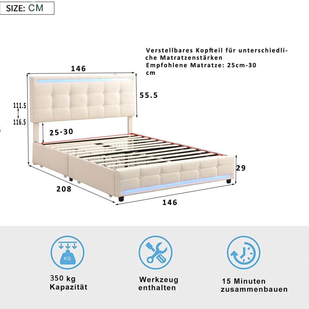 OKWISH Letto con Cassetti 140×200 cm, Letto Matrimoniale con 4 Cassetti, LED Regolabile, 2 USB e Telecomando, senza Materasso, Beige