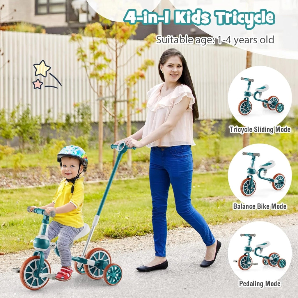 4 in 1 Triciclo Evolutivo per Bambini, Bicicletta Bambini con Manico a Spinta Regolabile in 4 Posizioni, Sellino in 2 Posizioni, Pedali Rimovibili, per Bambini e Bambine da 1 Anno + (Verde)