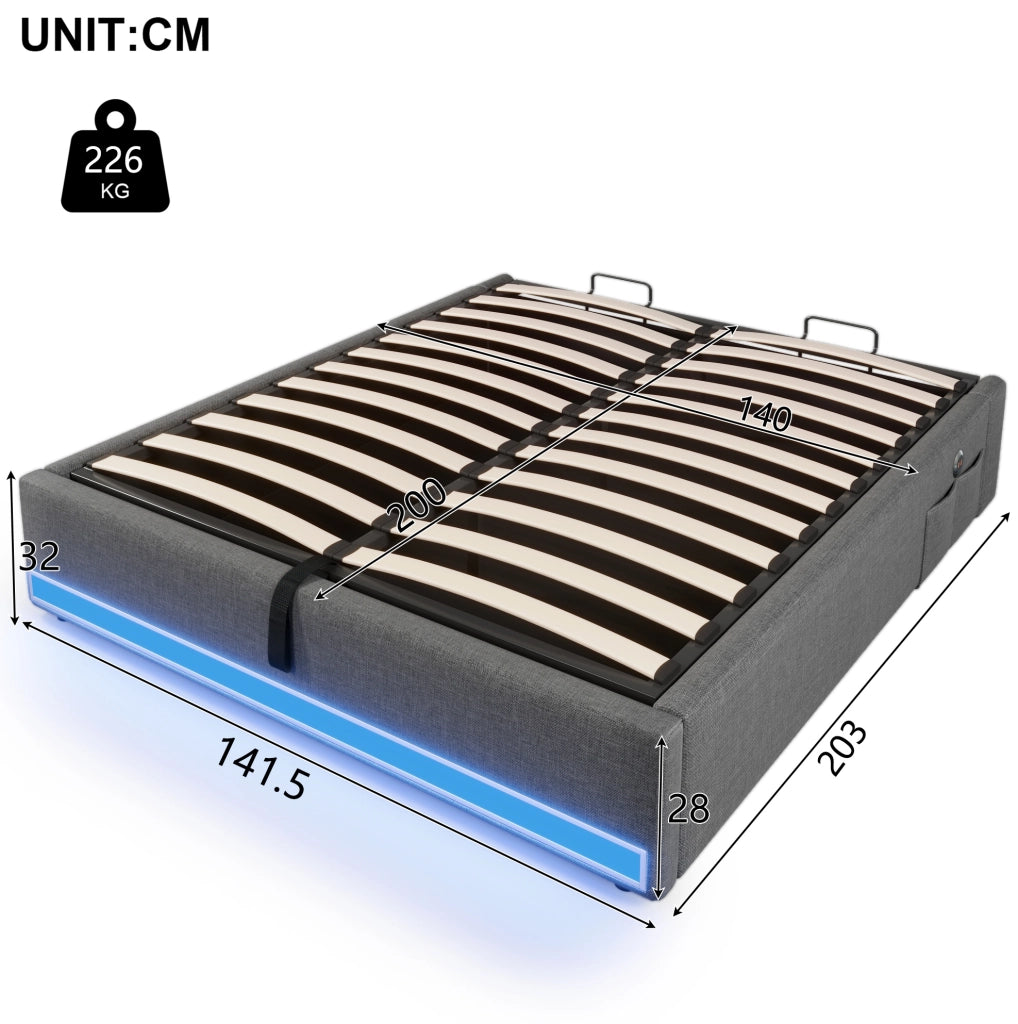 Letto imbottito 140x200 cm con LED, USB/Type-C e contenitore