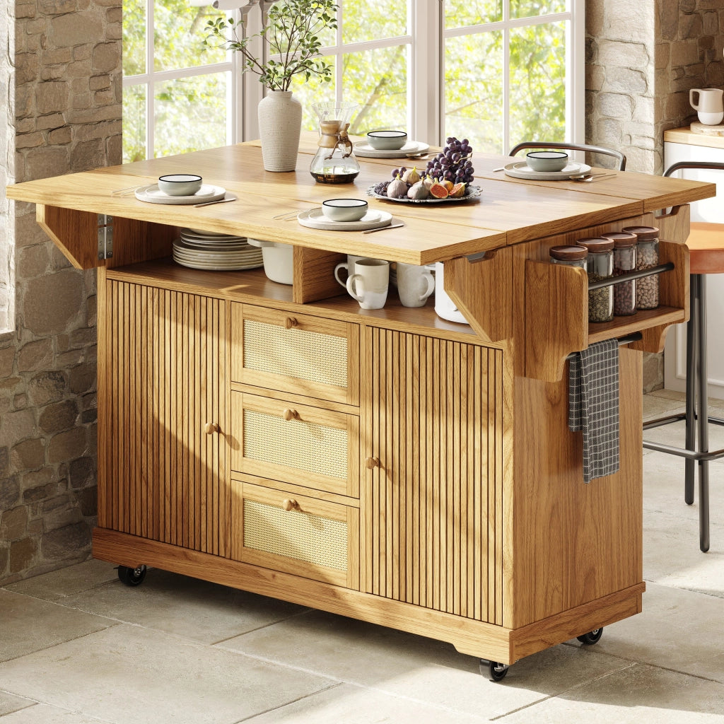 Carrello da cucina, credenza da cucina, mobile da cucina, con rotelle, piano di lavoro ribaltabile, 3 cassetti, colore naturale