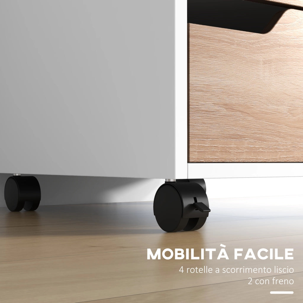Cassettiera in MDF con 3 Cassetti e Ruote per Ufficio o Studio Bianca e Legno, 40x50x57.5cm