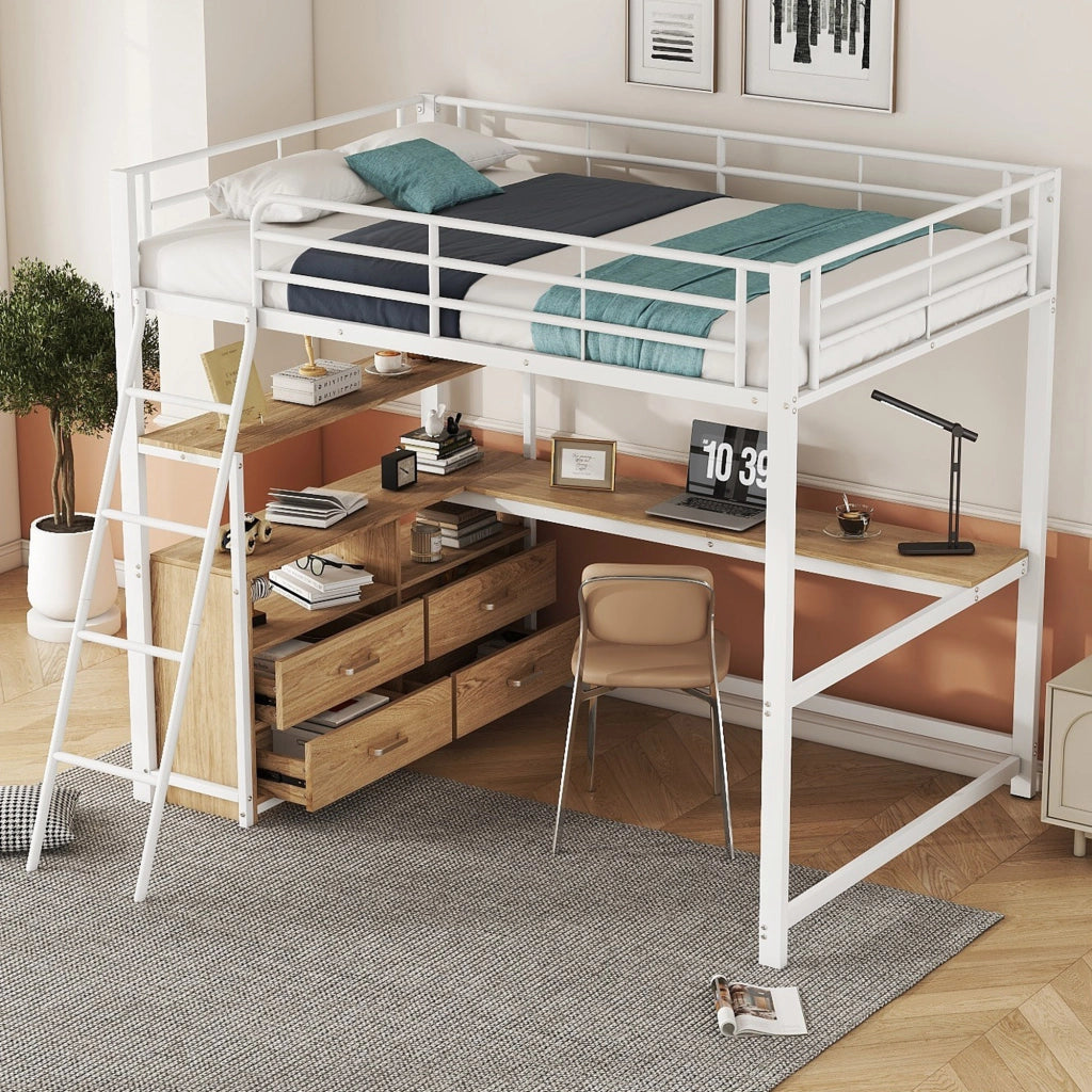 OKWISH Letto a soppalco 140×200 cm, Letto Matrimoniale con Scrivania a L, 4 Cassetti, Mensole e Contenitore, senza Materasso, MDF e Metallo, Bianco