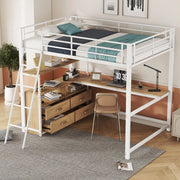 OKWISH Letto a soppalco 140×200 cm, Letto Matrimoniale con Scrivania a L, 4 Cassetti, Mensole e Contenitore, senza Materasso, MDF e Metallo, Bianco
