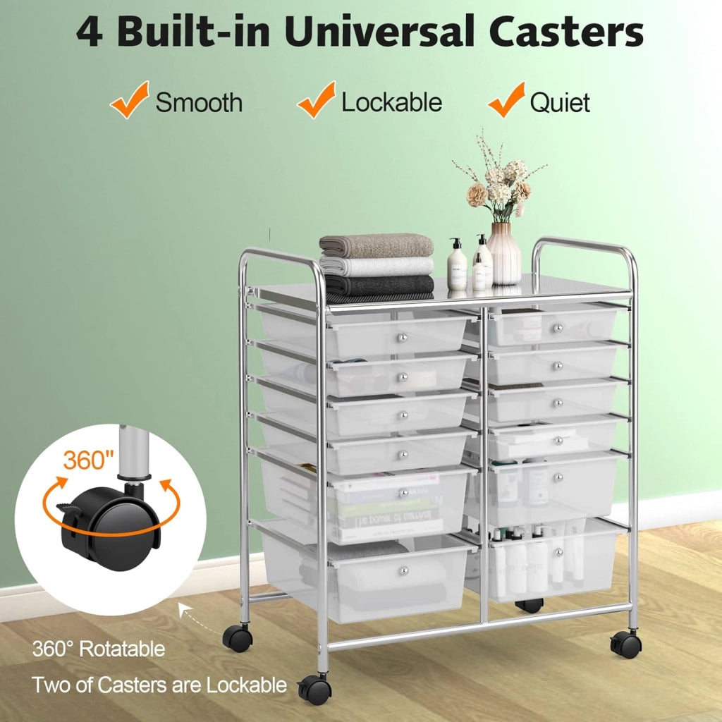 Carrello Portaoggetti con Ruote, 12 Cassetti Rimovibili, Carrello a Rotelle per Soggiorno, Ufficio, Camera da Letto, 64x38x75 cm, 3 Colori