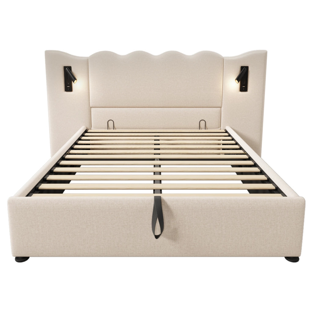 Letto 160x200 cm con luce da lettura e ricarica USB; in lino beige