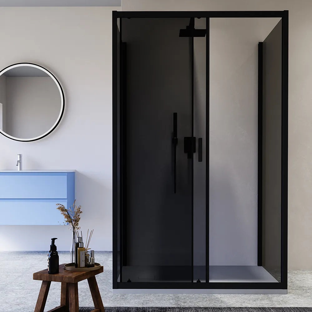 Box doccia nero opaco 3 lati 90x100x90cm con porta scorrevole e doppia parete fissa vetro 6mm fumè h185cm | Madagascar