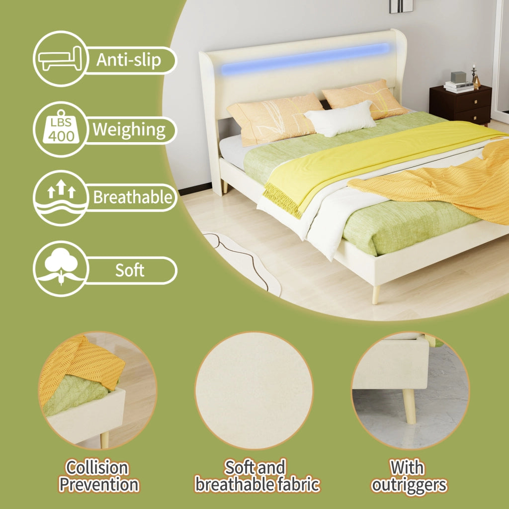DESMIU Lit simple 160 × 200 cm con LED regolabile e schienale regolabile, senza materasso, in tessuto, beige