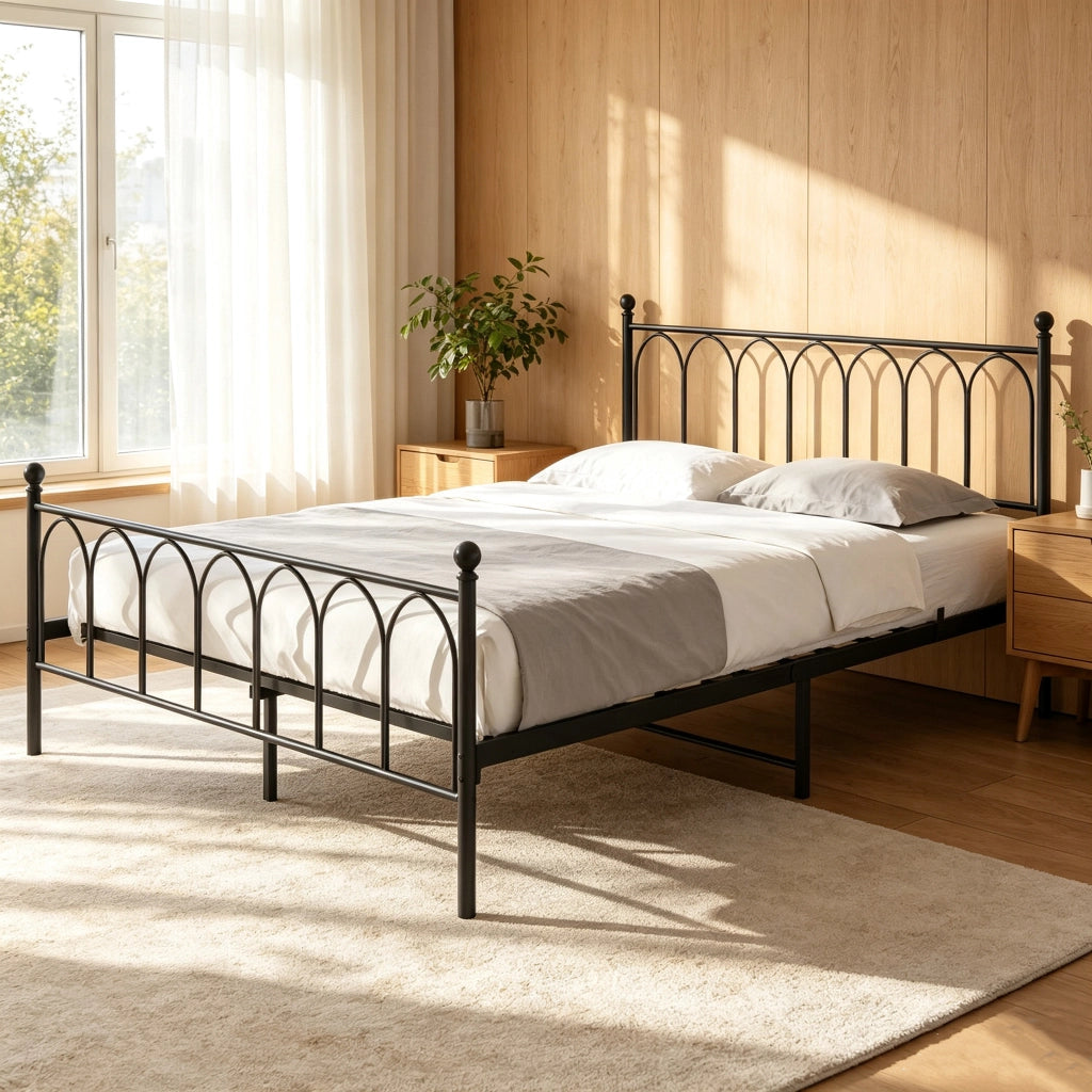 Letto in metallo nero 140x200 cm con rete a doghe e spazio contenitivo