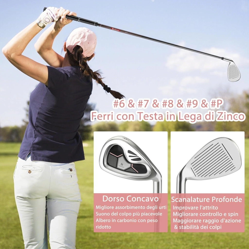 Set Completo di Mazze da Golf da Donna, 9 Pezzi, Include Driver in Lega, Legno Fairway 3, Ibrido 4, Ferri 6, 7, 8, 9 e P, Putter e Copri Testa per Golfiste Destre